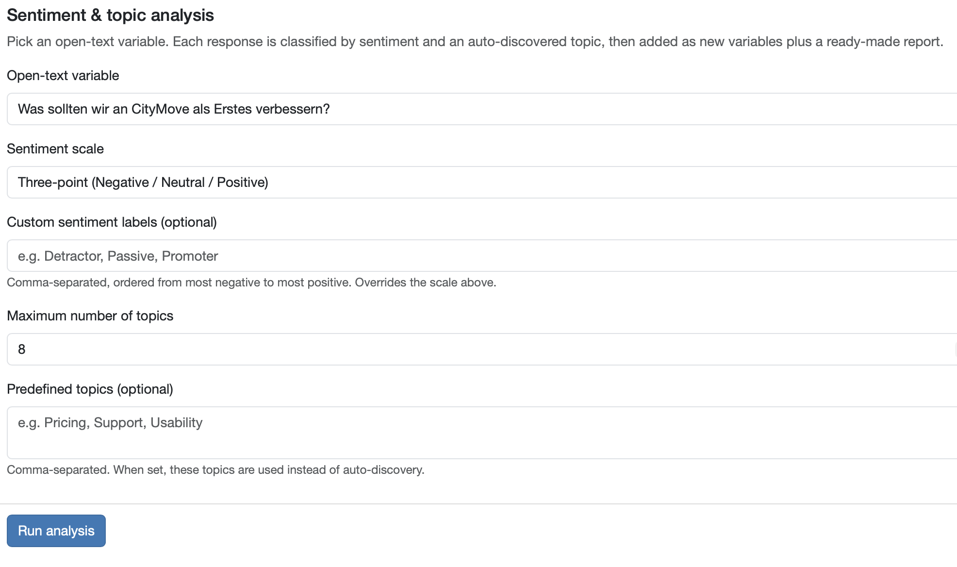 DataLion "Sentiment & topic analysis" setup dialog: open-text variable, sentiment scale, custom labels, maximum number of topics and predefined topics