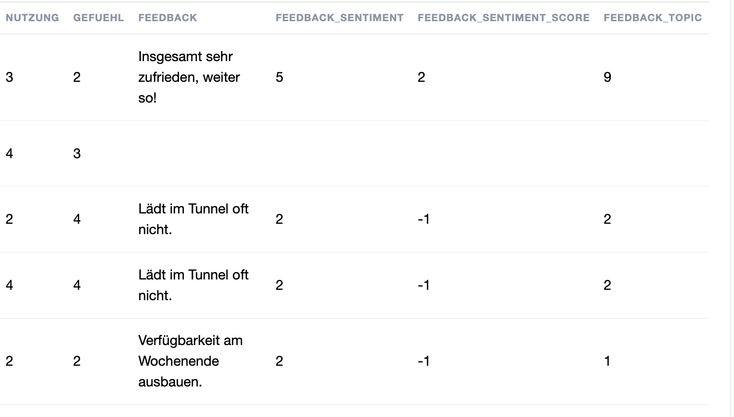 DataLion data table with the new variables FEEDBACK_SENTIMENT, FEEDBACK_SENTIMENT_SCORE and FEEDBACK_TOPIC next to the open-text answer