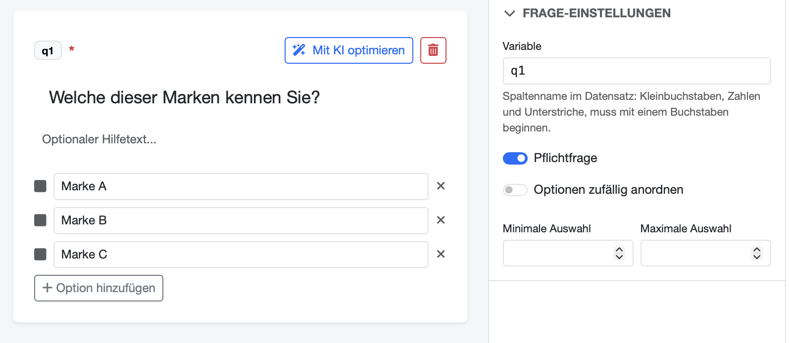 Bearbeitung einer Mehrfachauswahl-Frage in DataLion mit Variablencode, Pflichtfrage und Zufallsanordnung der Optionen