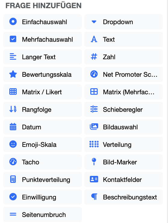 Palette der DataLion-Fragetypen: Einfachauswahl, Mehrfachauswahl, Matrix/Likert, NPS, Rangfolge, Slider, Emoji-Skala u. v. m.