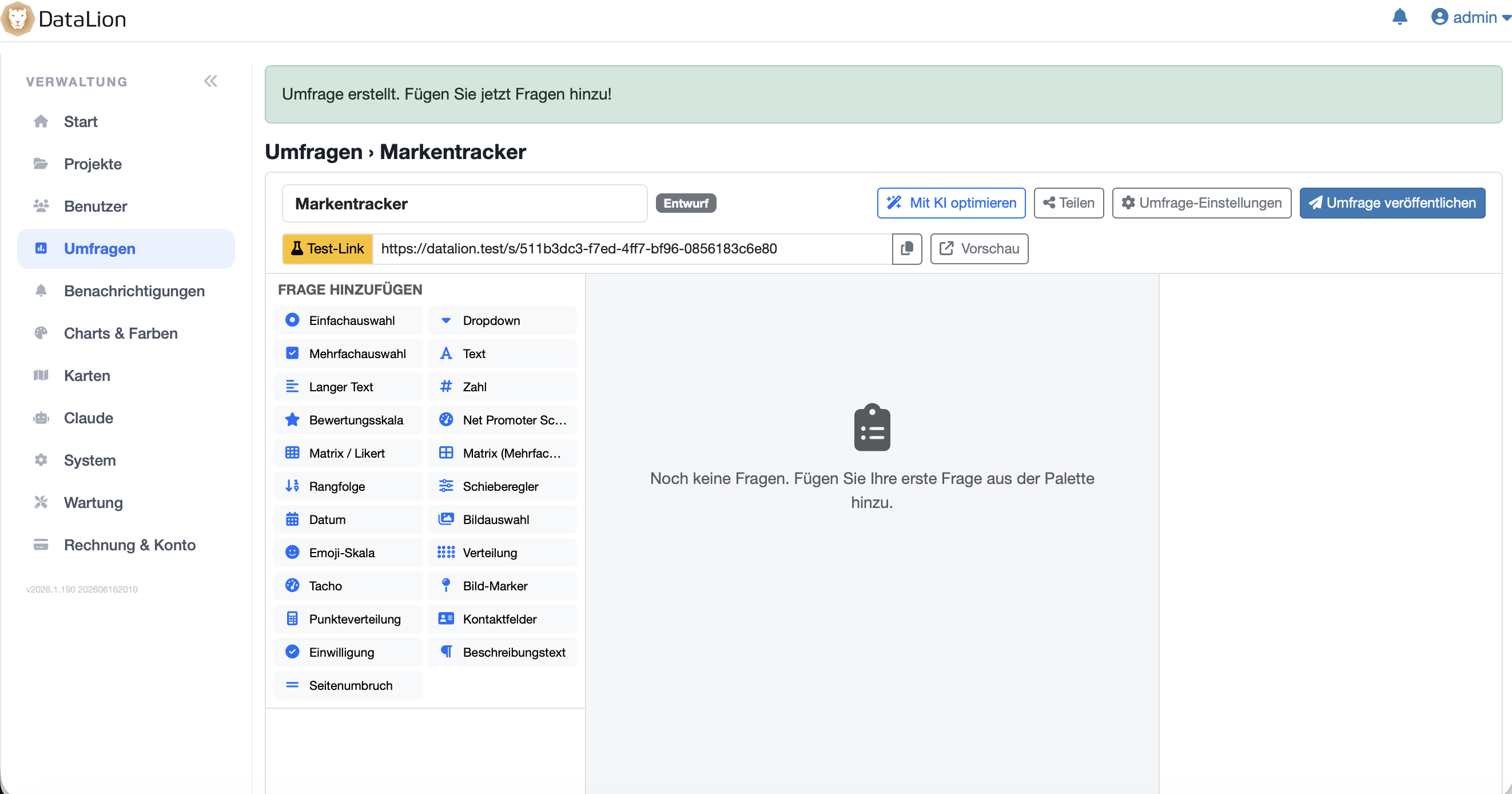 DataLion-Umfrage-Editor mit Fragen-Palette, KI-Optimierung und „Umfrage veröffentlichen“