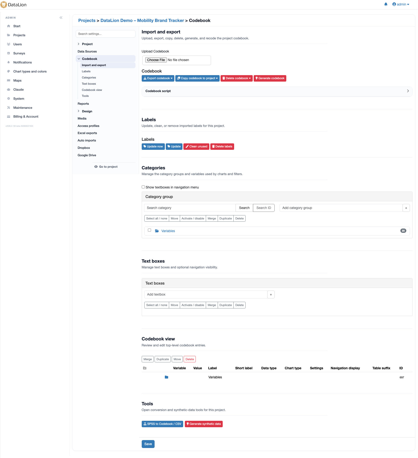 Codebook view in DataLion showing variables, value labels, chart types and net rows in a table