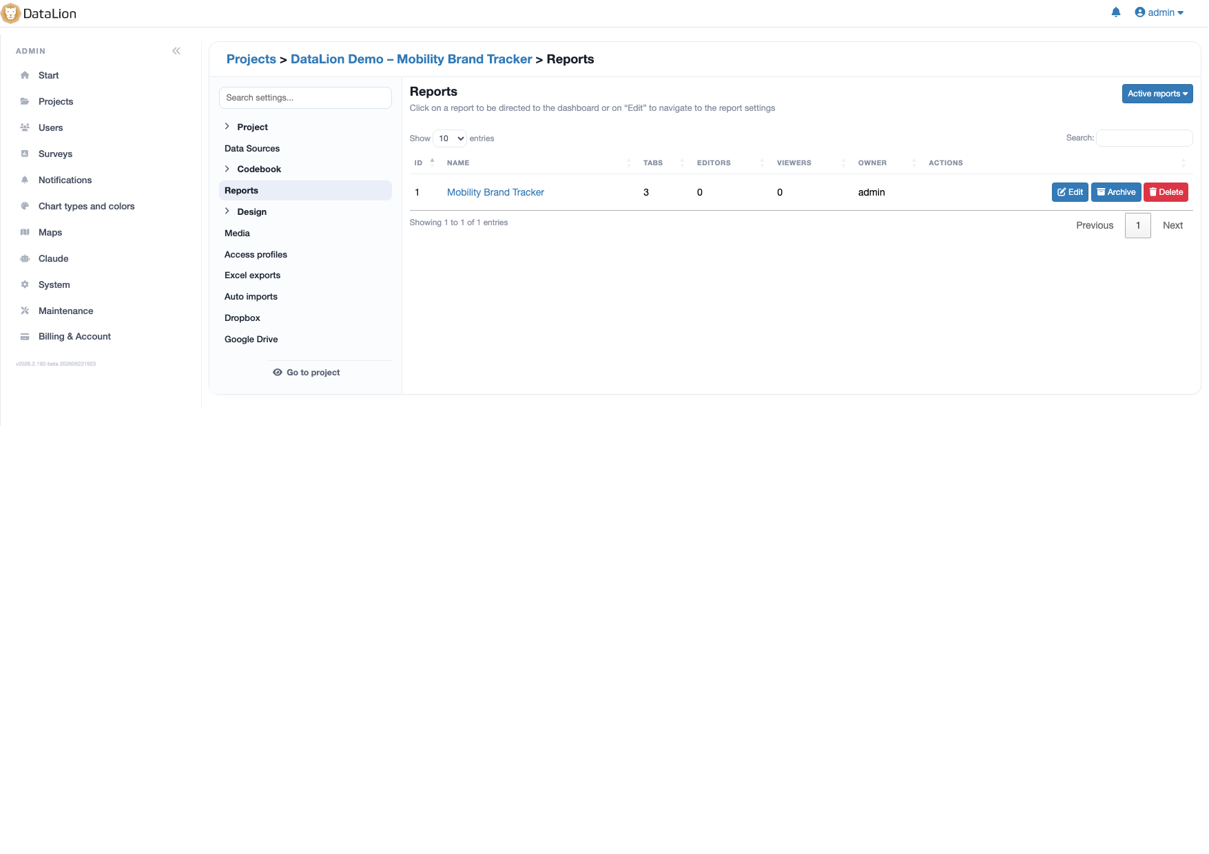 DataLion report with multiple tabs and widgets from a brand-awareness study