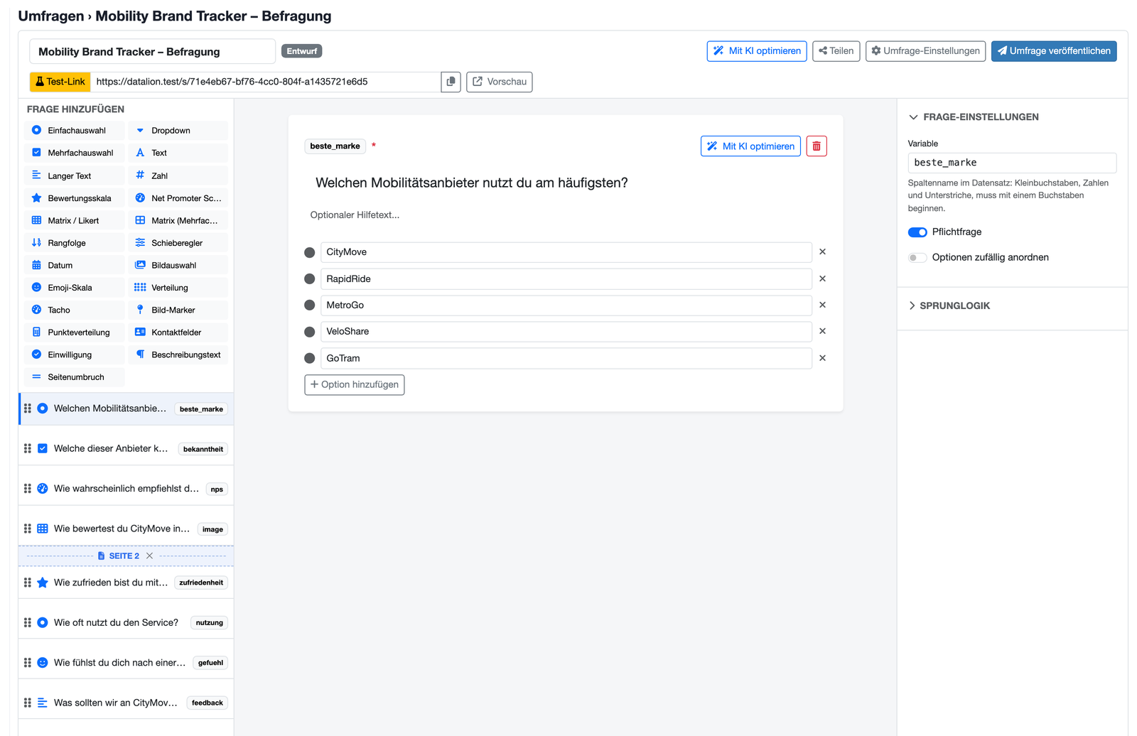 DataLion survey editor with the "Create survey with AI" and "Optimize with AI" options