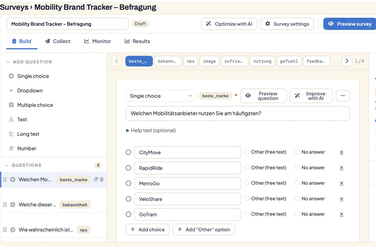 Fragebogen-Editor in DataLion: Fragenliste links, aufgeklappte Single-Choice-Frage mit fünf Antwortoptionen